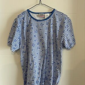 Gildan Blue and White Floral Striped Tee